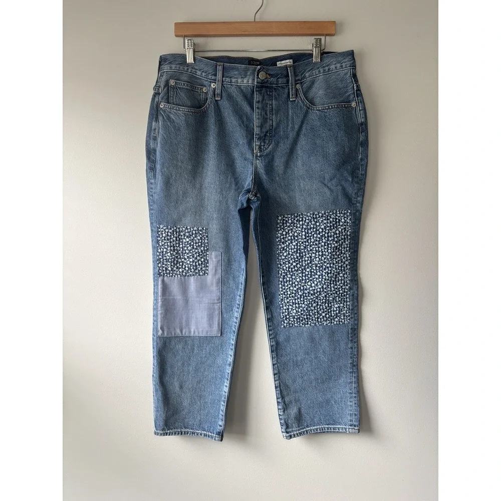 J.Crew Premium Slim Boyfriend Patched Denim Jeans Size 31 Petite‎ Cotton NEW